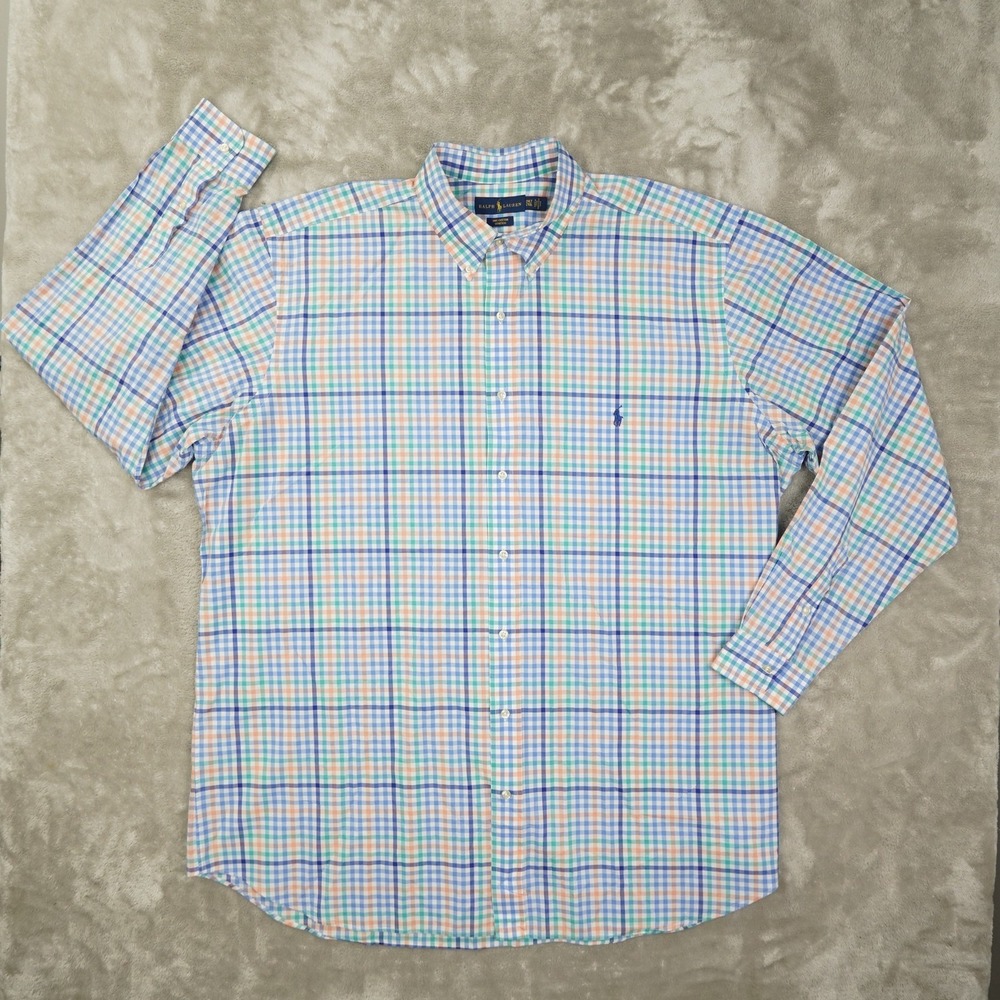 Ralph Lauren‎ Cotton Stretch Button Up Shirt Men's 2XLT Gingham Check Multicolor